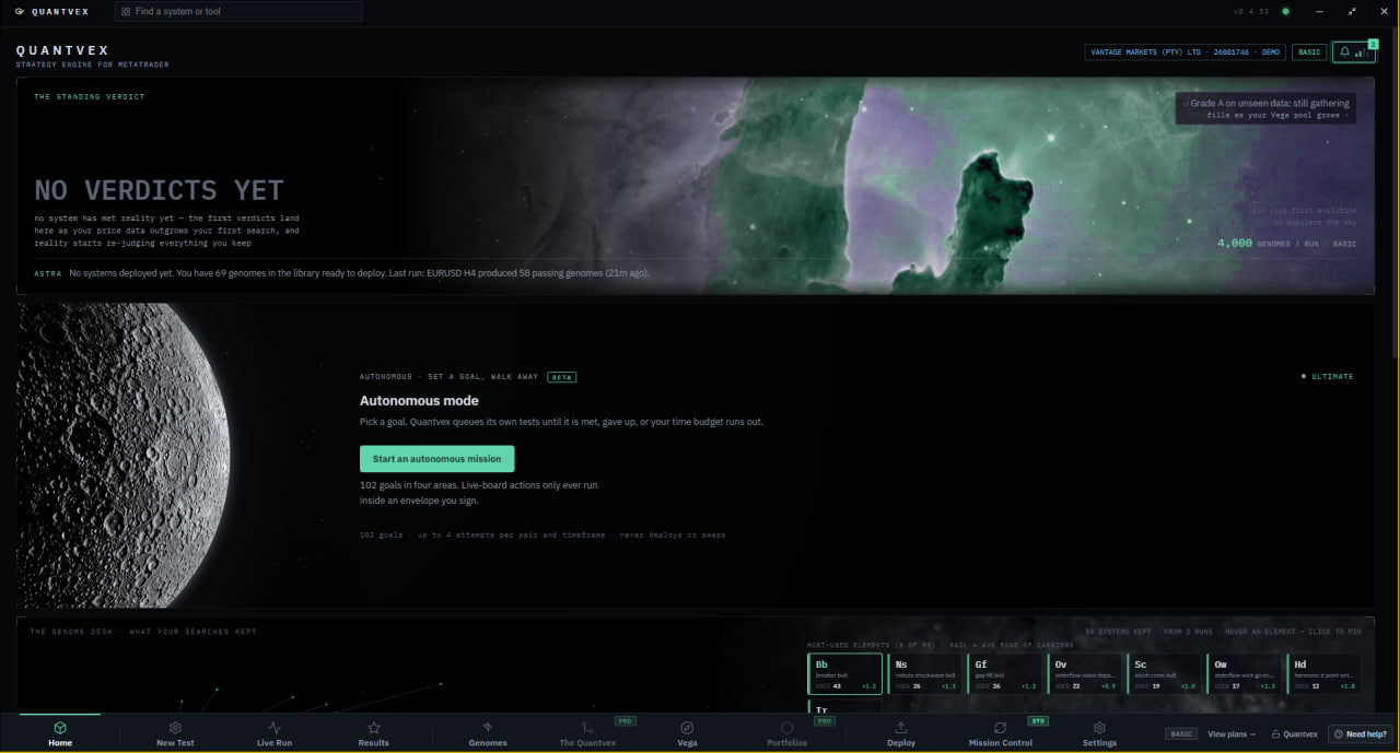 The Quantvex home screen with Autonomous mode: pick a goal and Quantvex queues its own tests until it is met, gives up, or the time budget runs out.