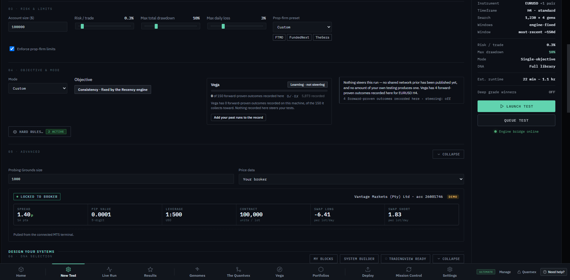 Astra New Test screen with the risk and limits panel: account size, risk per trade, max total drawdown, max daily loss, a prop-firm preset and Enforce prop-firm limits.
